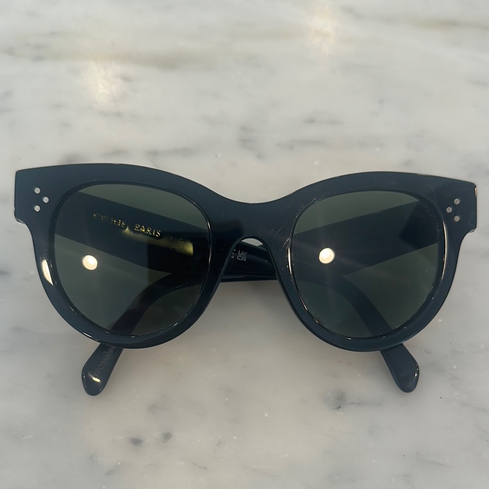 Celine Black Round Acetate Sunglasses with Dark Green Lenses